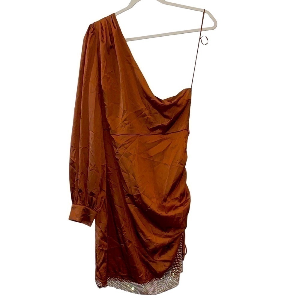 Fashion Nova Cassie Satin Mini Dress One Shoulder Brown Cinch Side Holiday Date 